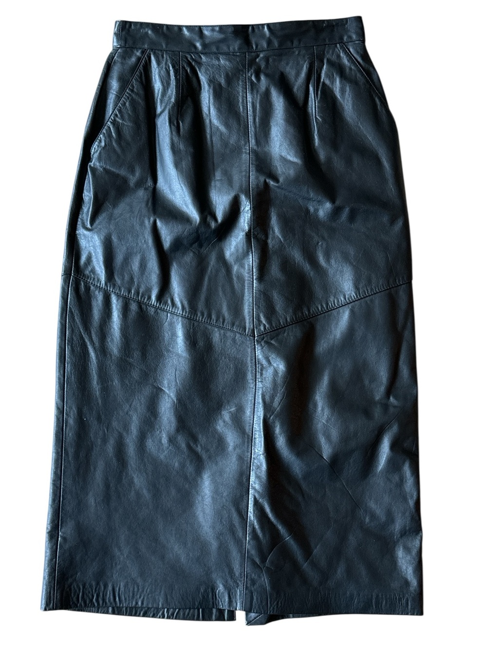 Vintage 100% Leather Black Timeless Capsule Wardrobe Midi Skirt Size: